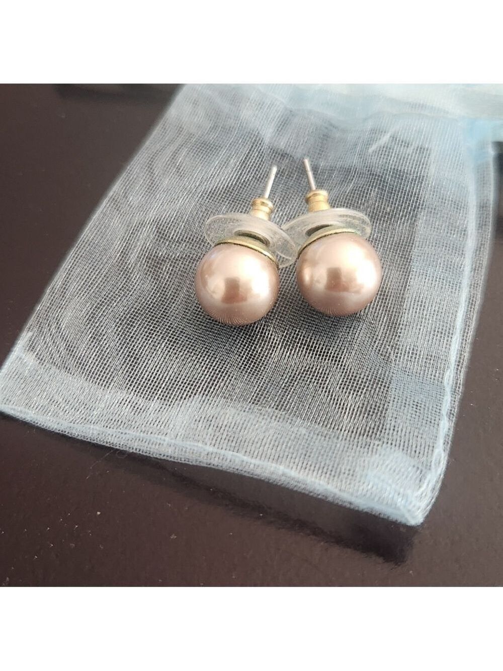 VTG LARGE 10mm CHAMPAGNE GLASS PEARL STUD EARRINGSSTERLING SILVER POST